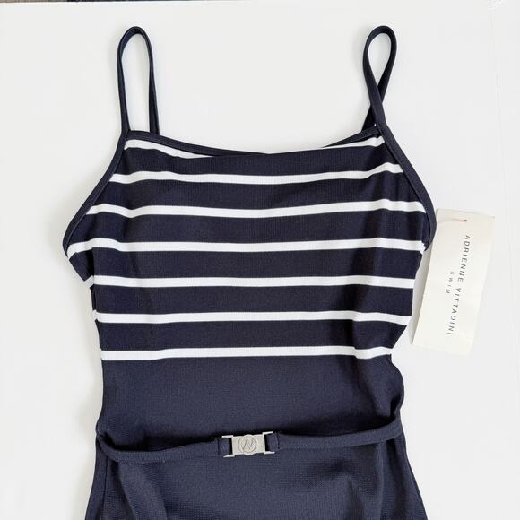 [Adrienne Vittadini] Navy Charcoal Striped Vintage Y2K Belted Swimsuit NWT Sz 6 - Picture 3 of 9